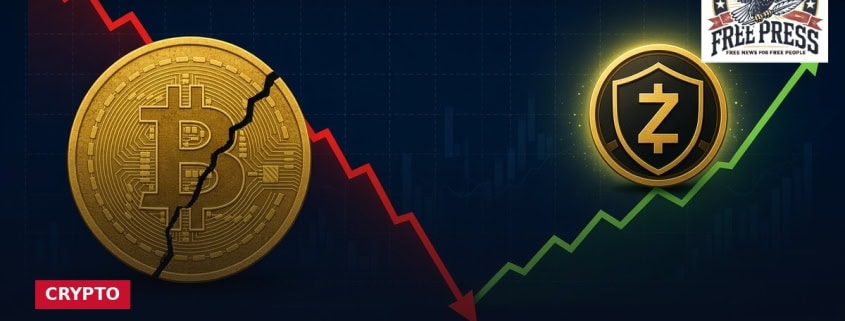 Fostoria News Bitcoin and Zcash cryptocurrency icons with declining and rising graphs.